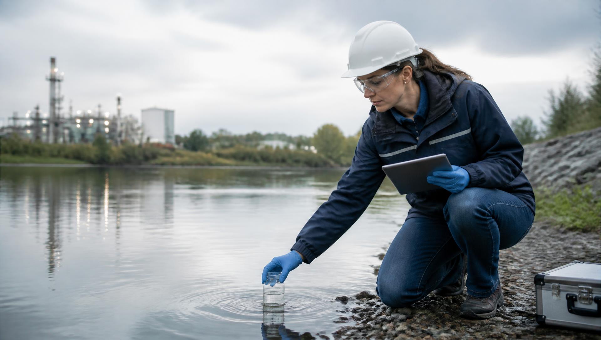 Engenheira ambiental coletando amostra de água próxima a uma unidade industrial